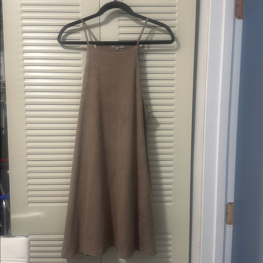 Tan Sleeveless high neck suede dress flare